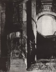 Og overalt er basaltsøyler,? Lyset faller fra hvelvene, Blatt 3 der Folge La Tentation de Saint-Antoine. 1896 av Odilon Redon