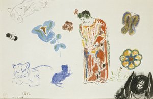 Studieark: kvinne, blomster og dyr av Odilon Redon