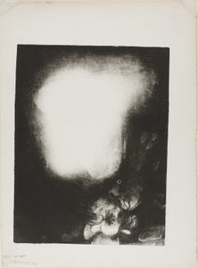 Hode for kvinne med korsasje av blomster av Odilon Redon