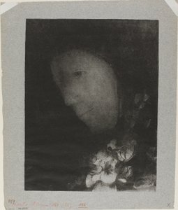 Hode for kvinne med korsasje av blomster av Odilon Redon