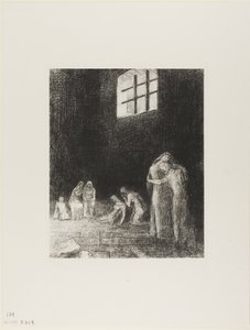 I skyggen er mennesker, gråtende og ber, omgitt av andre som formaner dem, plate 6 av 24 av Odilon Redon