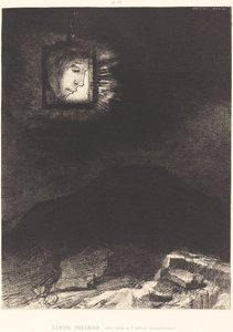 Prekært glimt, et hode hengende av Odilon Redon