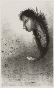 Så dukker det opp et enkelt vesen som har hodet til en mann på kroppen til en fisk, plate 5 av 10 av Odilon Redon