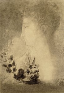 Kvinne i profil med en laurbærkrans; Profil av kvinne med laurbærkrans, av Odilon Redon