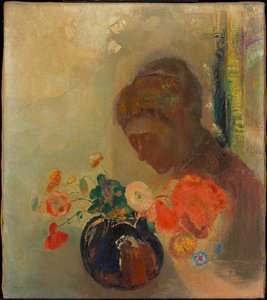 Kvinne med en vase blomster av Odilon Redon