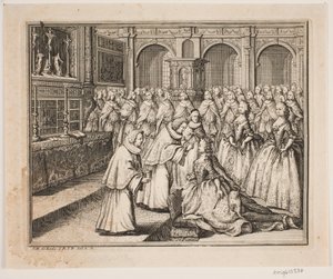 Biskop Hersleb salver Dronning Louise i Frederiksborg Slottskirke. Illustrasjon til Frederik d. IVs salvingshandling