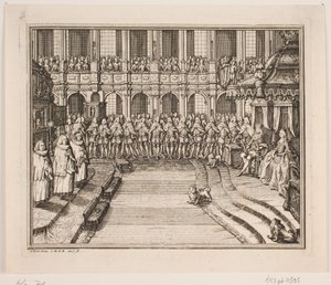 Kong Frederik V og Dronning Louise under salvelsesseremonien i Frederiksborg Slottskirke. Illustrasjon til Frederik d. IVs salvingshandling