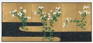 Chrysanthemums by a Stream, et par foldbare skjermer med seks paneler, sent på 1700-tallet – tidlig på 1800-tallet (blekk og farge på forgylt papir) av Ogata (follower of) Korin