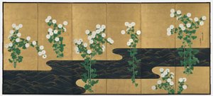 Chrysanthemums by a Stream, et par foldbare skjermer med seks paneler, sent på 1700-tallet – tidlig på 1800-tallet (blekk og farge på forgylt papir) av Ogata (follower of) Korin