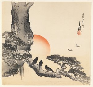 Kråker på en trestamme, Meiji-perioden, ca. 1890-1910 (treblokktrykk i farger)
