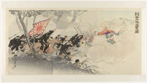 Den tilbaketrekkende fienden ved Jinzhou under den kinesisk-japanske krigen Nisshin sensô Kinshûjô tsuigeki no zu (tittel på objekt) av Ogata Gekko