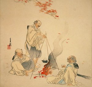 Drinking Sake under a Maple Tree, ca. 1890-1900-tallet (farget treblokktrykk) av Ogata Gekko
