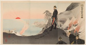 Offiserer og menn som beundrer den stigende solen mens de bivuakk i fjellene i Port Arthur av Ogata Gekko