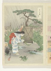 Kvinne som bøyer seg over Yamabuki-busken Yamabuki (tittel på objekt) Sammenligninger mellom skjønnheter og blomster (serietittel) Bijin hana kurabe (serietittel på objekt) av Ogata Gekko