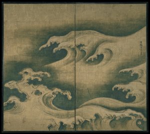 Rough Waves, to-panels foldeskjerm, ca. 1704-9 (blekk, farge og bladgull på papir)