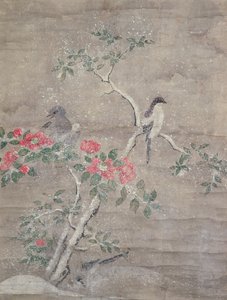 Fugler og kamelia i snø, ca. 1700 (blekk og farger på papir) av Ogawa Haritsu