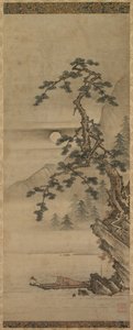 Månebelyst landskap av furutre med gammel mann i båt, Muromachi-perioden, 1392-1573. av Oguri Sotan
