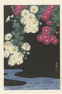 Krysantemum og rennende vann av Ohara Koson
