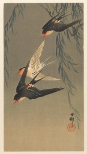 Tre rødgumpete svaler i et dykk av Ohara Koson