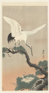 Japansk kran på gren av furutre av Ohara Koson
