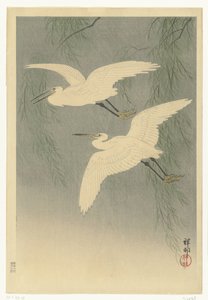 Små egrets på flukt av Ohara Koson