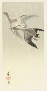 Blisgjess som flyr i snøen av Ohara Koson