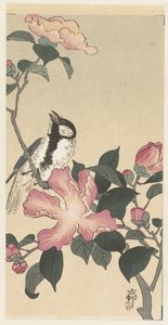 Pommemeis på gren med rosa blomster av Ohara Koson