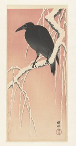 Kråke på snødekt gren. av Ohara Koson