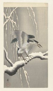 Kvakk på snødekt gren av Ohara Koson