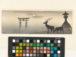 Landskap med torii og hjort av Ohara Koson