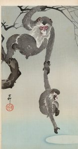 Ape og baby som strekker seg etter refleksjonen av månen av Ohara Koson