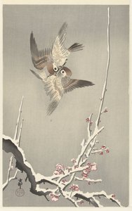 Spurver og snødekt plommetre av Ohara Koson