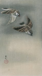 Sparrows in flight (farget treblokktrykk) av Ohara Koson