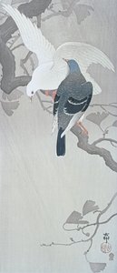 To duer i regnet på en gren av et ginkgo-tre av Ohara Koson
