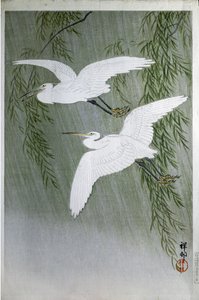To hegre som flyr fritt, 1907 (fargetresnitt) av Ohara Koson