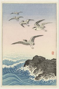 Fem måker over en stein i havet av Ohara Koson