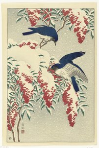 Fluesnappere på en nandinabusk av Ohara Koson