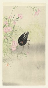 Myrhøne ved blomstrende plante av Ohara Koson