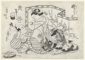 Japansk mann og kvinne som røyker foran en sammenleggbar skjerm av Okumura Masanobu (attributed to)