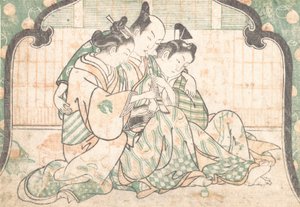 En ung mann som sitter mellom to kvinner, ca. 1749., ca. 1749. av Okumura Masanobu