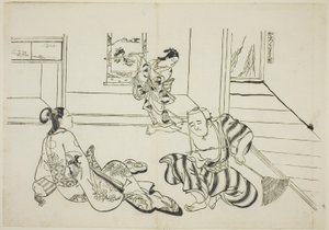 Barnevakt og skallet Tengu fra Kurama-fjellet (Kaburo Kurama Tengu), nr. 7 fra en serie på 12 trykk som viser parodier på skuespill av Okumura Masanobu