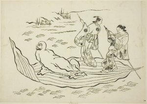Daruma krysser havet på et blad, nei. 7 fra en serie på 12 trykk av Okumura Masanobu