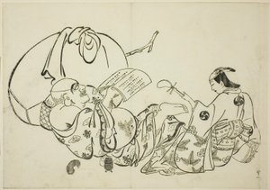 Hotei Reading a Book, no. 11 fra en serie på 12 trykk av Okumura Masanobu