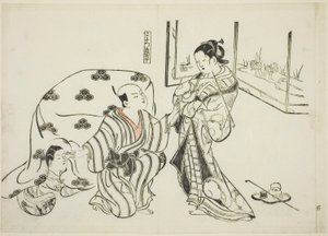 Kotatsu Dojoji, nei. 5 fra en serie på 12 trykk som viser parodier på skuespill av Okumura Masanobu