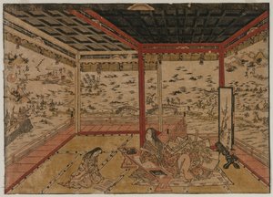 Lady Murasaki ved Ishiyama med utsikt over et panorama med syv utsikter over innsjøen Biwa, 1740-tallet. av Okumura Masanobu