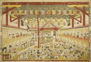 Stort perspektivbilde av Kaomise-forestillingen på Kabuki-scenen av Okumura Masanobu