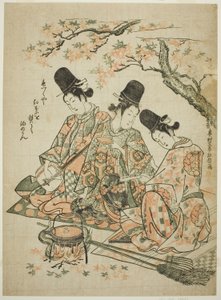 Parodi på palassbetjenter som brenner lønneblader for å varme sake fra "The Tale of Heike" av Okumura Masanobu