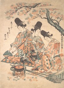 Parodi på palasstjenere som oppvarmer Sake over en brann av lønneblader, ca. 1750., ca. 1750. av Okumura Masanobu