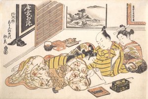Tallerken fra de erotiske bokhaugene av fargede farger: En mønsterbok for Boudoir S..., ca. 1736-44. av Okumura Masanobu