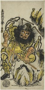 Shoki the Demon Queller Sharpening His Sword, ca. 1725 (håndfarget treblokktrykk; hosoban, urushi-e) av Okumura Masanobu